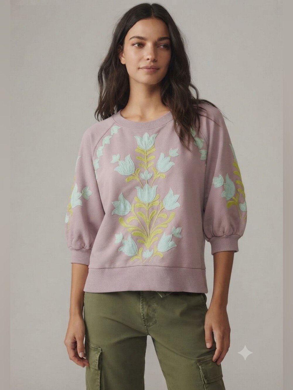 Anthropologie Mauve Floral Embroidered Crewneck Sweatshirt Size S